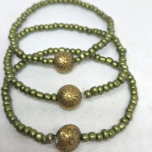 Green Retro Seed Bead Bracelet Set.  Three Bracelets With Bronze Accents